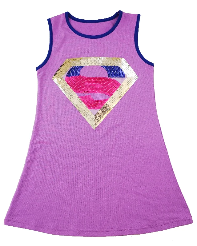 Purple Sequins Super Girl Cotton Dress Tunics Favorite customer