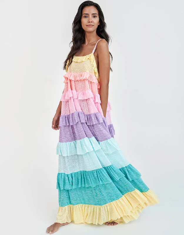 Rainbow Ruffle Tiered Dress - Pastels Tunics Leisure comfortable