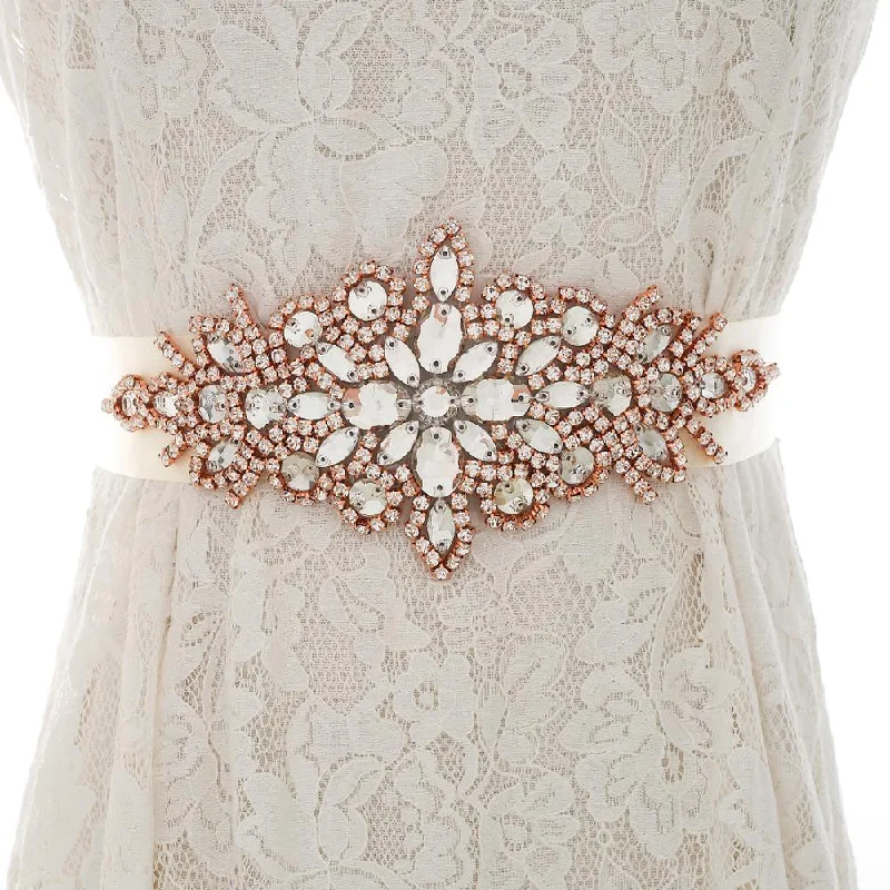 Rose Gold Rhinestones Crystal Wedding Dress Belt And Sash, Handmade Tunics Chic fashionable