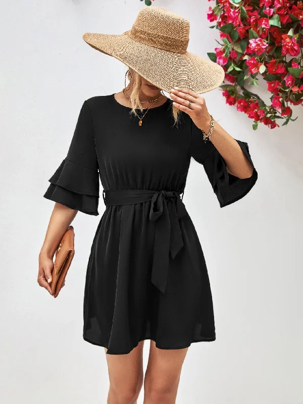 Round Neck Tie Belt Flounce Sleeve Dress Tunics Business professional