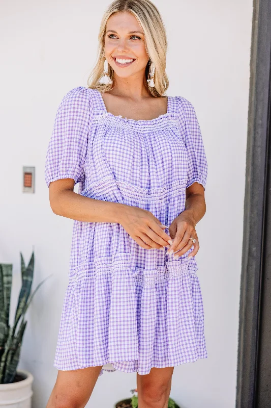 Sunshiny Day Lilac Purple Gingham Dress Tunics Short Trendy