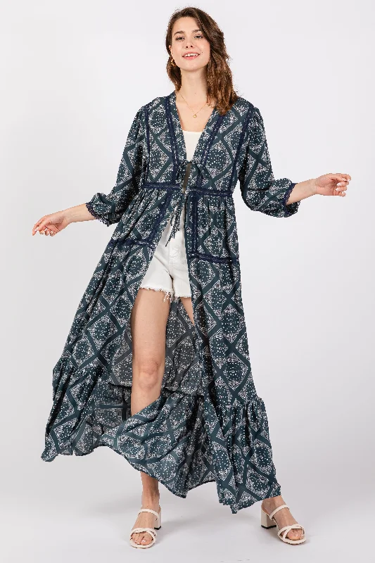 Teal Printed Tie Front Kimono Dress Tunics Review highly