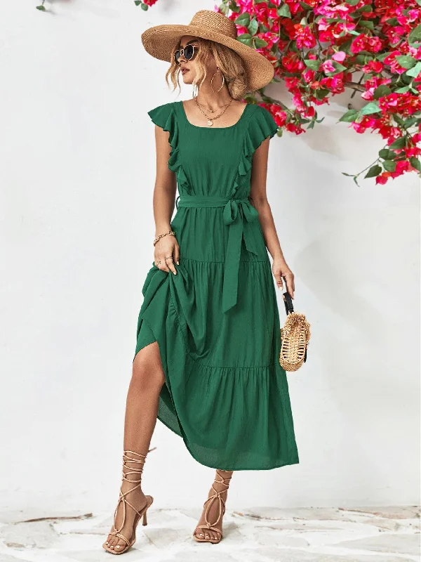 Tie Belt Ruffled Tiered Dress Tunics Seasonal trendy