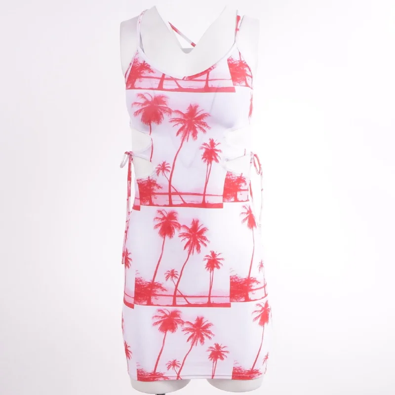 White Tropical Mini Dress Crew Neckline Casual