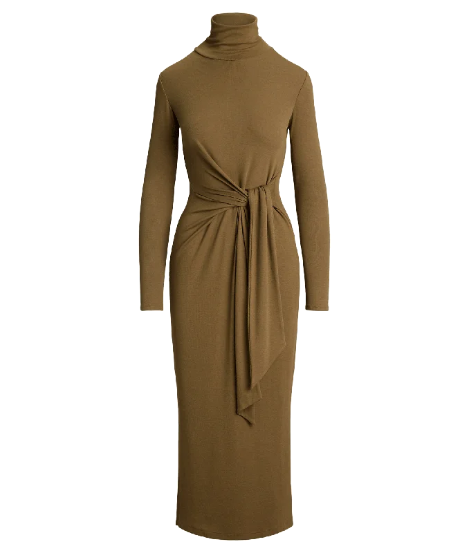 Tie-front Turtleneck Dress - Brown Turtleneck Neckline Stylish